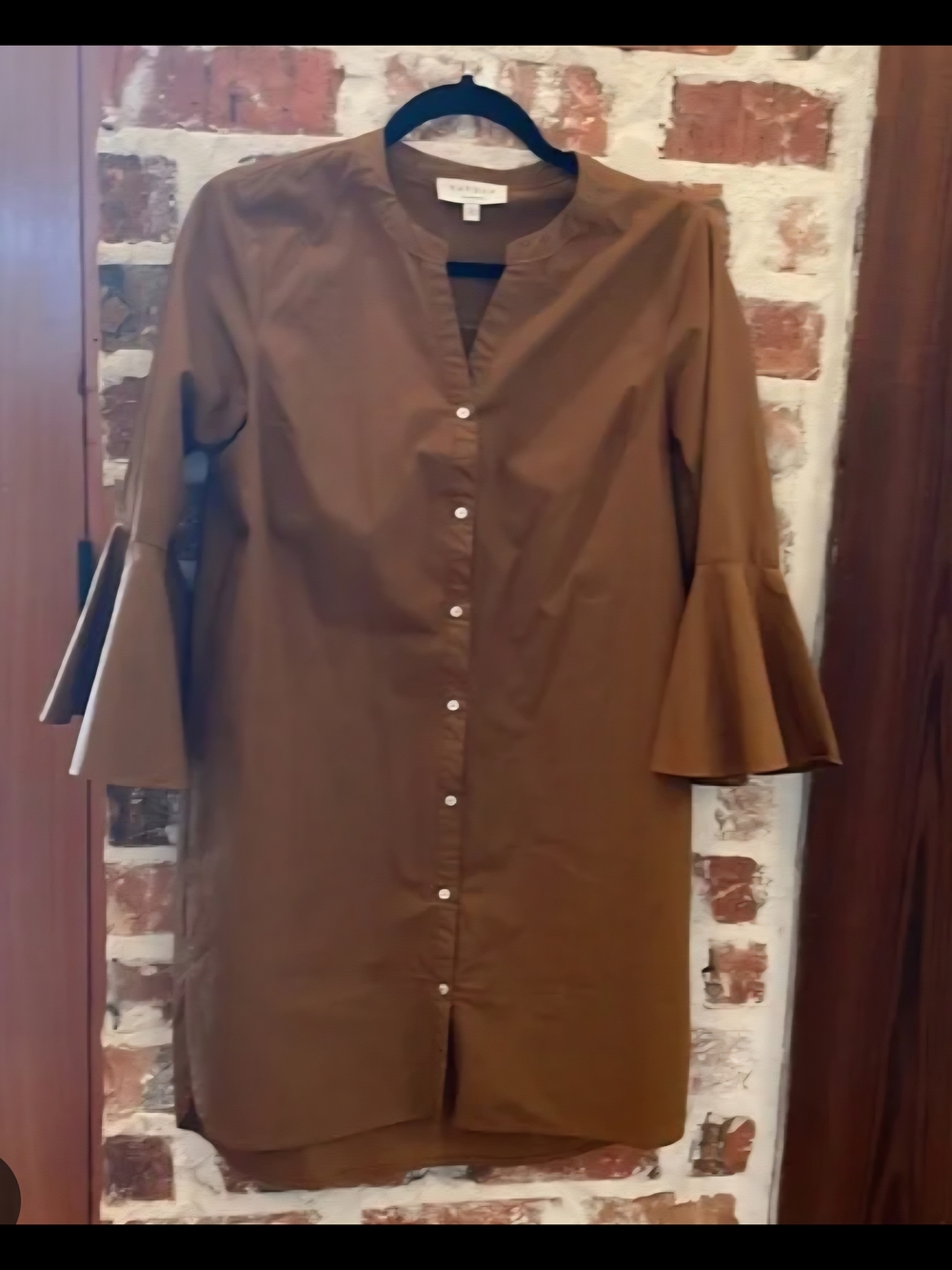 Bell-Sleeve Button-Front Long Sleeve Tunic Dress in Brown 100% Cotton